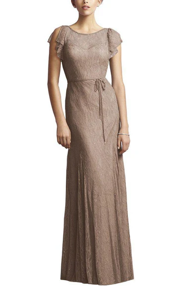 Cap Sleeve Sheath Lace Floor-length Modest Bridesmaid Dress with Sash