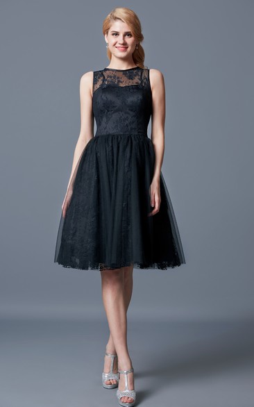 Chic Sleeveless A-line Knee-length Lace Dress With Illusion Neck