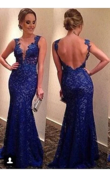Sexy Backless Royal Blue Evening Dresses V-neck Sleeveless Full Lace Prom Gowns