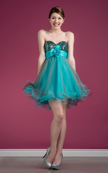 Muti-Color A-Line Short Sweetheart Sleeveless Tulle Dress With Sequins And Ruffles