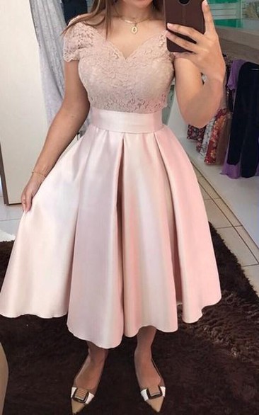 Satin Lace A Line Low-V Back Zipper Cap Short Sleeve with Bow Homecoming Dress