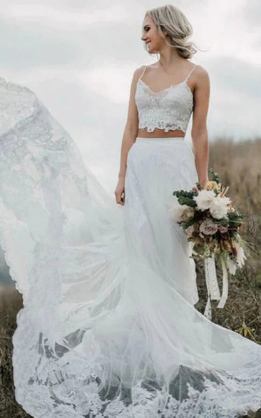 Two Piece Spaghetti Country Lace Corset Back Boho Wedding Dress