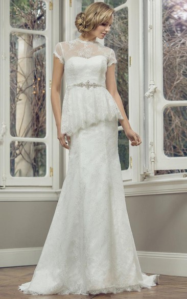 Sheath High Neck T-Shirt-Sleeve Jeweled Floor-Length Lace Wedding Dress With Peplum And Illusion