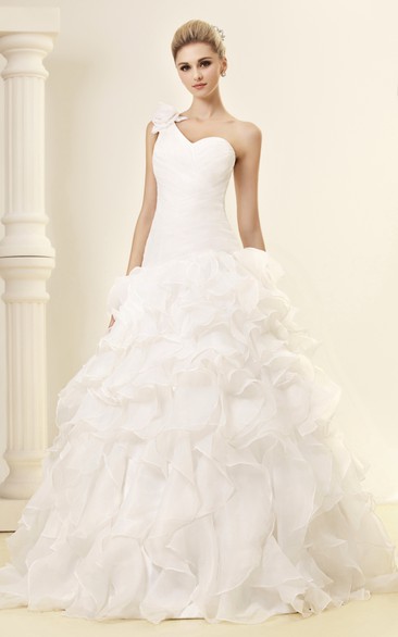 Intricate Ruched A-Line Gown With Single Strap and Ruffled Skirt