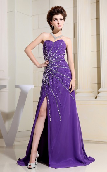 Sweetheart Floor-Length Front-Split Dress With Crystal Detailing