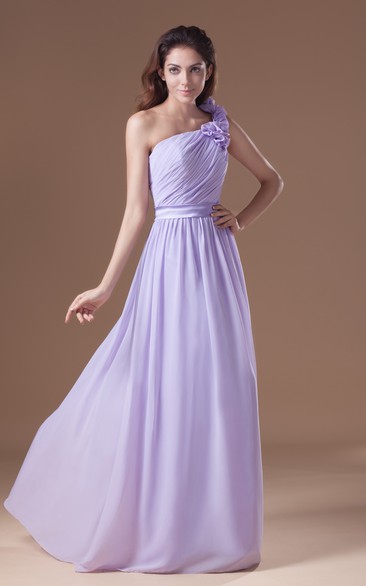Ruched Floor-Length Chiffon Dress With Floral Strap