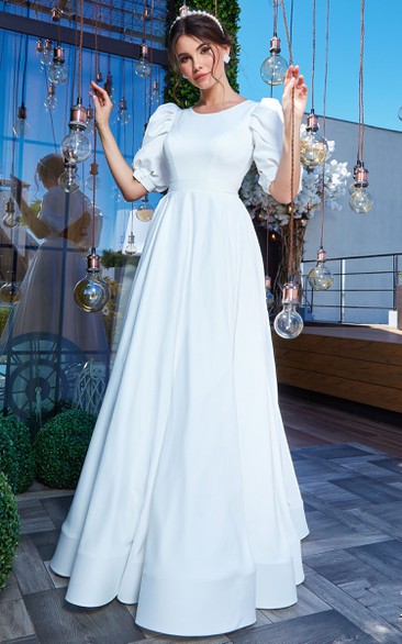 Elegant A Line Bateau Satin Wedding Dress with Ruching