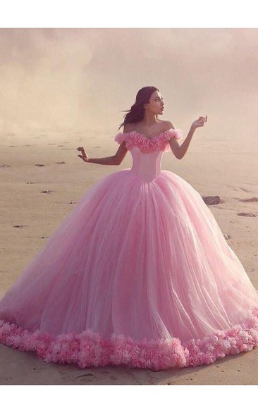 Fairy Pink Off-the-Shoulder Wedding Dress Tulle Ball Gown With Train