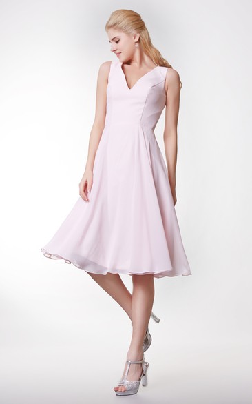 Simple Style V-neck A-line Tea Length Dress