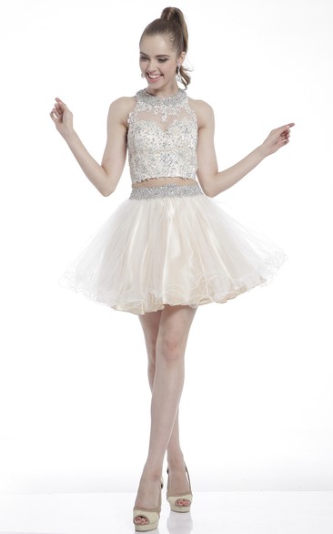 A-Line Short High Neck Sleeveless Dress With Appliques And Beading