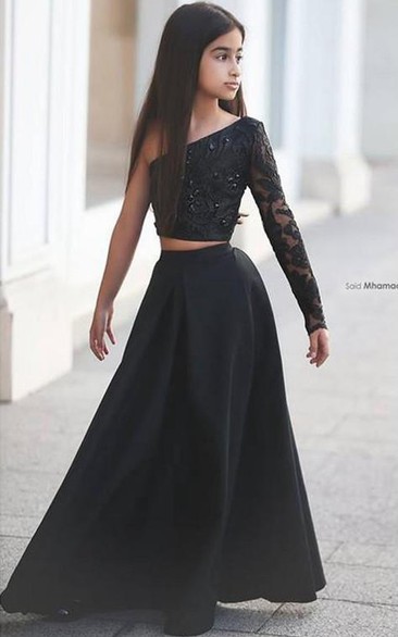 Sexy Black Two Piece Lace Flower Girl First Communion Dress Black One Sleeve A-line