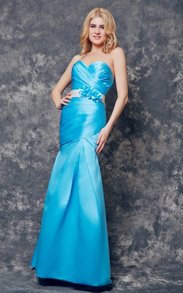 Backless Sweetheart Ruched Long Satin Dress With Sash