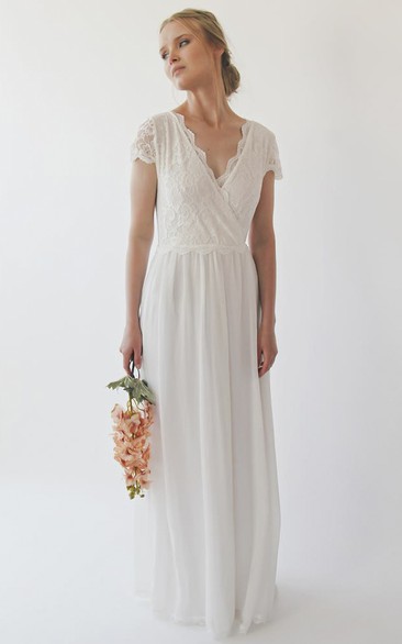 Lace Chiffon Cap Sleeve V-neck With Criss Cross Top A-line Wedding Dress