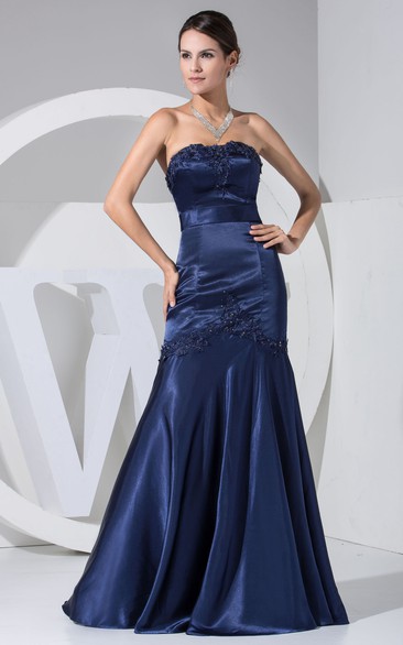 Strapless Sheath Satin Appliqued Dress With Backless Style