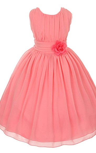 Sleeveless A-line Pleated Tulle Dress With Flower