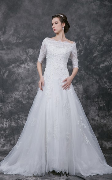 Half Sleeve Bateau Neck A-line Lace Gown With Beading