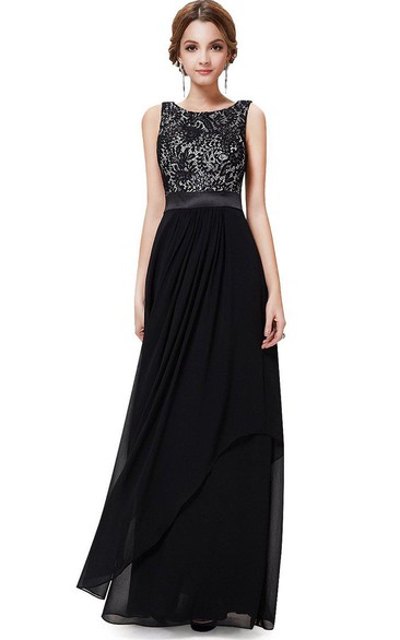 Sleeveless Chiffon Gown With Lace Bodice
