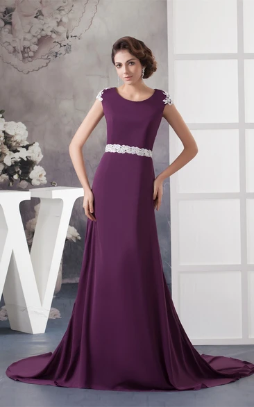 Caped-Sleeve Long Chiffon Dress With Appliqued Back Design