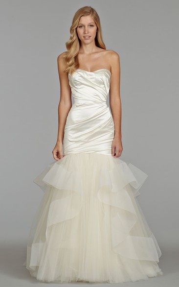 Glamorous Asymmetrical Ruched Satin Bodice Tulle Dress With Sheer Back