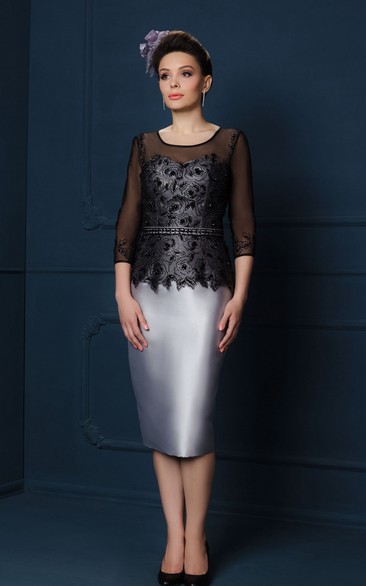 Pencil Knee-Length Appliqued Illusion Sleeve Square Neck Satin Mother Of The Bride Dress