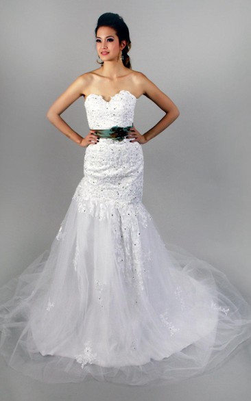 Mermaid Lace and Tulle Sweetheart Dress With Beadings and Floral Sash