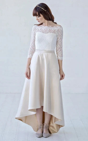 3/4 Illusion Sleeve High-low Off-the-shoulder Lace And Satin With Button Back Wedding Dress