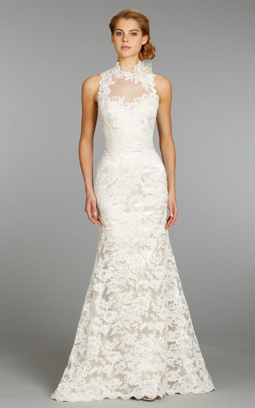 High Neck Floor Length Lace Dress With Keyhole Back