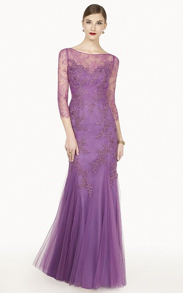 Embroidered Illuion 3-4 Sleeve Tulle Long Prom Dress With Appliques