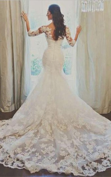 Elegant 3-4-long-sleeve Illusion Tulle Wedding Dress Lace Appliques