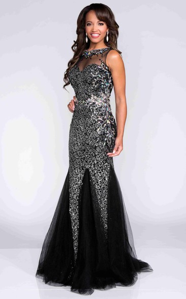 Glimmering Mermaid Sleeveless Prom Dress Featuring See-Through Detail