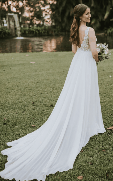 Bohemian V-neck A Line Chiffon and Lace Floor-length Court Train Sleeveless Wedding Dress