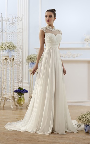 A-Line Maxi High-Neck Cap-Sleeve Backless Chiffon Dress With Appliques And Pleats