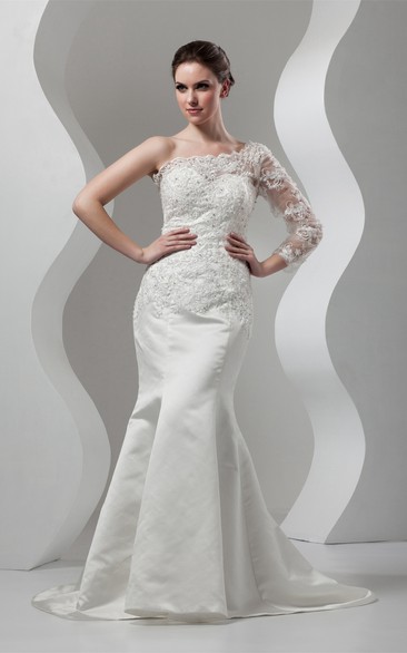 Asymmetrical Appliqued Mermaid Gown With Illusion One Sleeve
