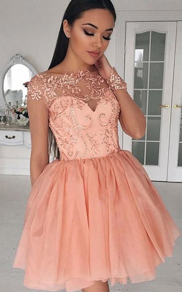 Tulle Lace Ball Gown Zipper Illusion Long Sleeve with Appliques Homecoming Dress