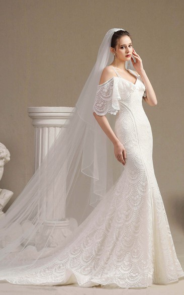 Fancy Cute Off-the-shoulder Lace Mermaid Wedding Dress With Straps And Half Sleeves