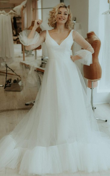 Elegant A Line Tulle V-neck Bell Wedding Dress with Ruching