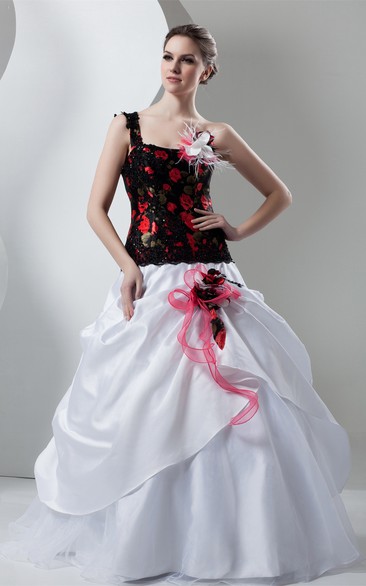 Floral Pick-Up One-Shoulder Lace and Gown With Beading