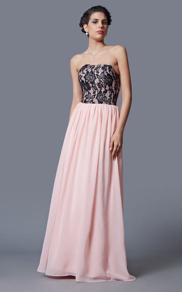 Strapless Pleated A-line Chiffon Dress With Floral Appliques