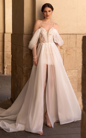 Romantic A Line Tulle Floor-length Half Sleeve Open Back Wedding Dress with Split Front
