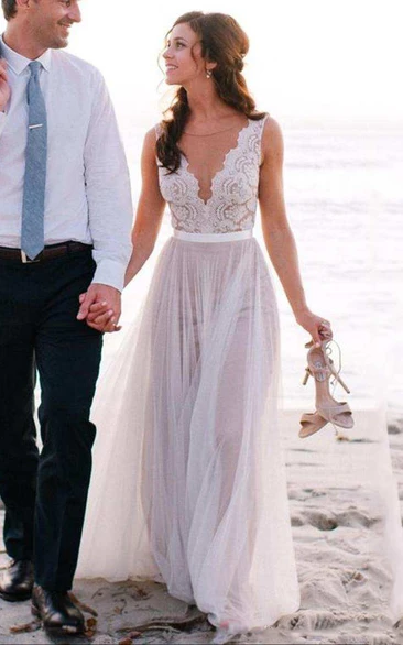 Sleeveless V Neck A-line Long Tulle Vow Renewal Dress With Lace Top