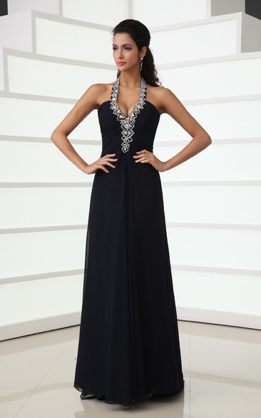 Sexy Halter A-Line Chiffon Gown With Back Crystal Strap