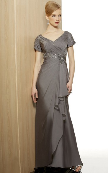 Cap Sleeve V-Neck Beaded Jersey Formal Dress With Draping And Criss Cross