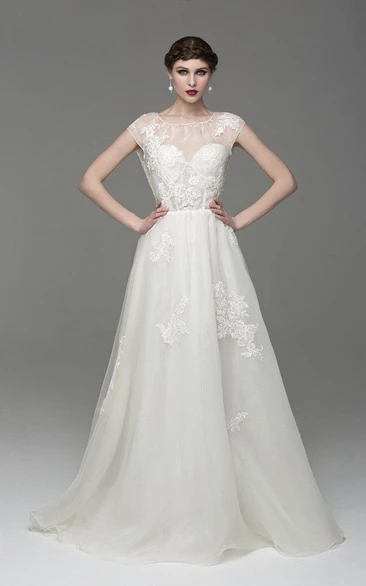 Cap Sleeve A-Line Lace-Appliqued Tulle Dress With Bateau Neck and Keyhole Back
