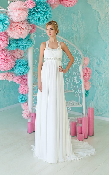 A-Line Floor-Length Halter Sleeveless Empire Lace-Up Chiffon Dress With Beading And Pleats