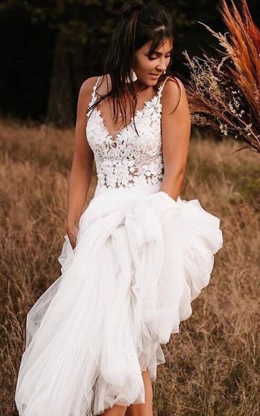 Country/Rusitc Sexy Spaghetti Sleeveless Casual Low-V-Back Summer/Fall Lace Tulle Wedding Dress