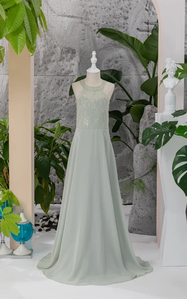 Sleeveless Empire A-line Floor-length Lace Celadon Flowergirl Dress