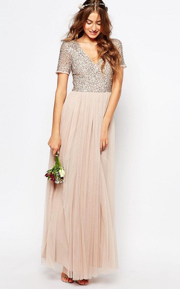 Ankle-Length V-Neck Sequined Short Sleeve Tulle Bridesmaid Dress With Pleats