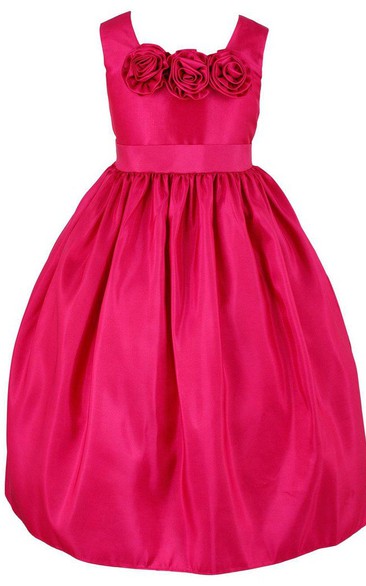 Sleeveless Square-neck A-line Dress With Flowers and Pleats
