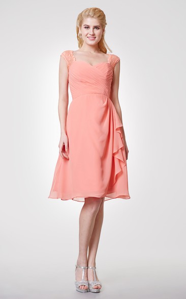 Lace Cap-sleeved Chiffon Knee Length Dress With Side Draping