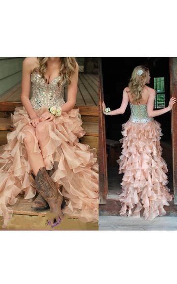 Sweetheart Ruffled Long Organza Dress with Sequins